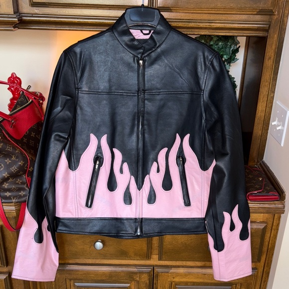 Black and Pink Flame Women's motorcycle Jacket